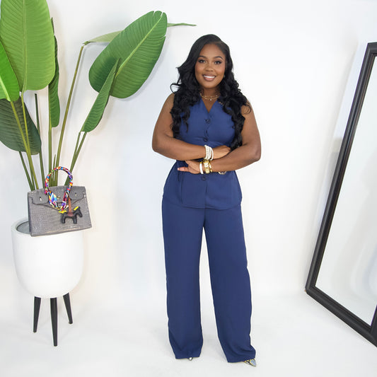 Chia Chic Belted Pants Set||NAVY BLUE