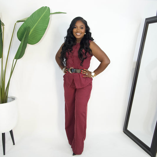 Rhea Pinstripe Belted Pants Set|| WINE