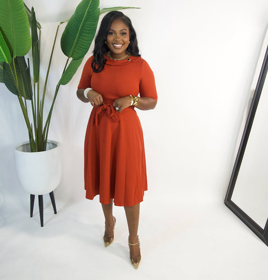 Adeline Collar Belted Dress||RUST