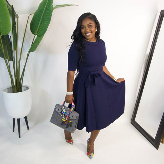 Adeline Collar Belted Dress|| NAVY