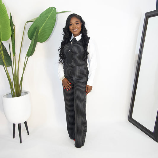 Rhea Pinstripe Belted Pants Set|| BLACK