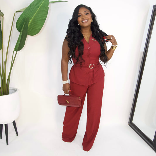 Chia Chic Belted Pants Set||WINE