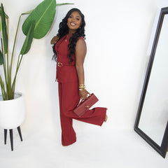 Chia Chic Belted Pants Set||WINE