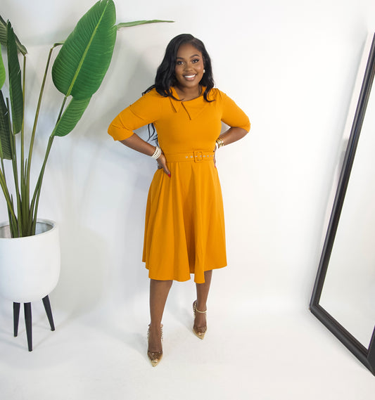 Amara Belted Midi Dress|| MUSTARD