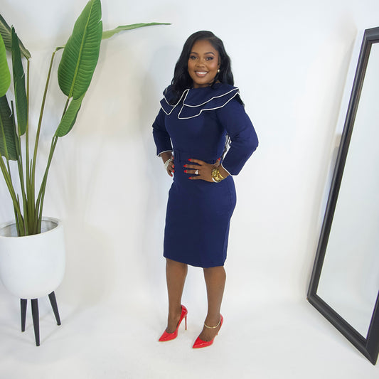 Miss Exvlusive Trim Collar Midi Dress||NAVY