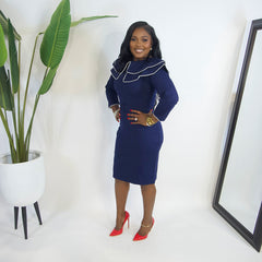 Miss Exvlusive Trim Collar Midi Dress||NAVY