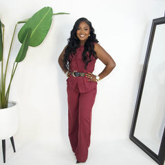 Rhea Pinstripe Belted Pants Set|| WINE