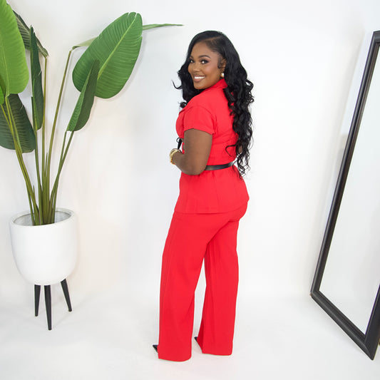 Zuri Buckle Belted Pants Set||RED