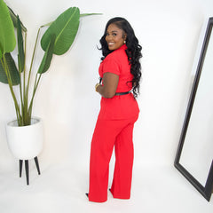 Zuri Buckle Belted Pants Set||RED