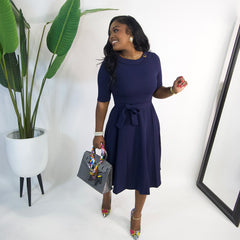 Adeline Collar Belted Dress|| NAVY
