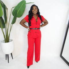 Zuri Buckle Belted Pants Set||RED