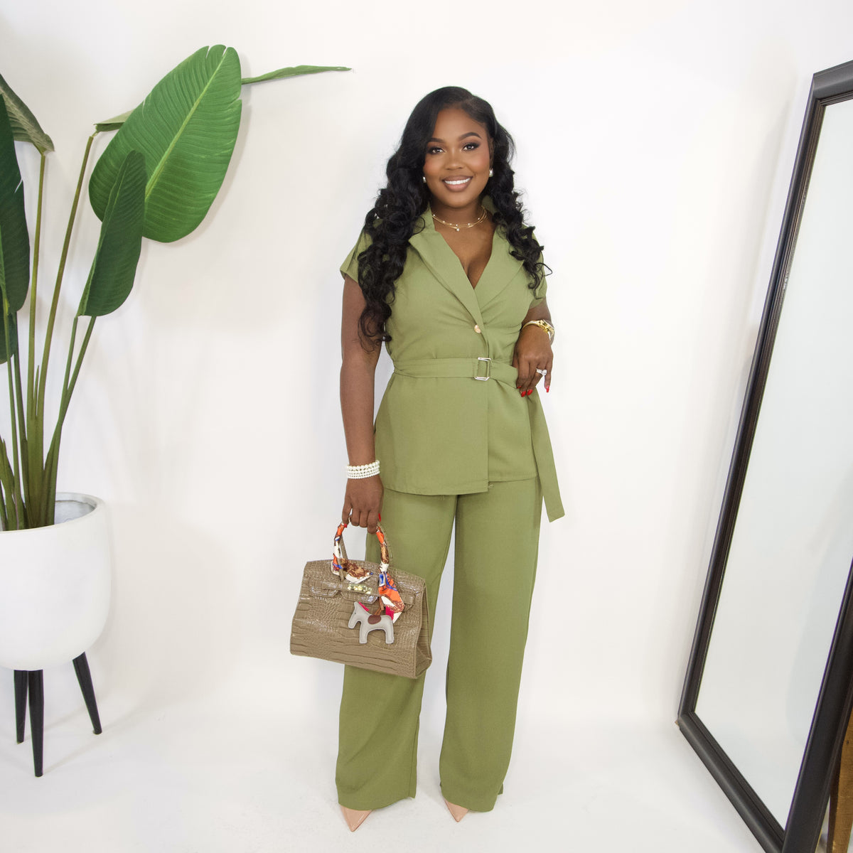 Kalia Wrap Belted Set|| OLIVE