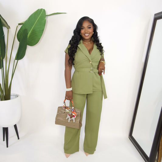 Kalia Wrap Belted Set|| OLIVE