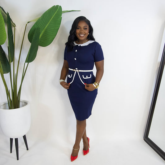 Betty Ann Belted Dress||Navy Blue