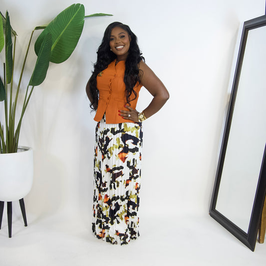 Lani Pleated Maxi Skirt Set|| RUST