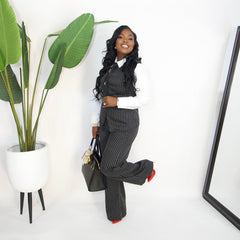 Rhea Pinstripe Belted Pants Set|| BLACK