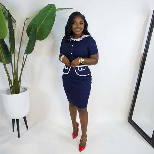 Betty Ann Belted Dress||Navy Blue