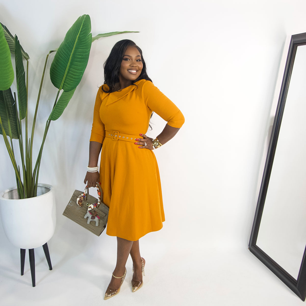 Amara Belted Midi Dress|| MUSTARD