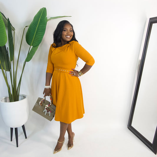 Amara Belted Midi Dress|| MUSTARD