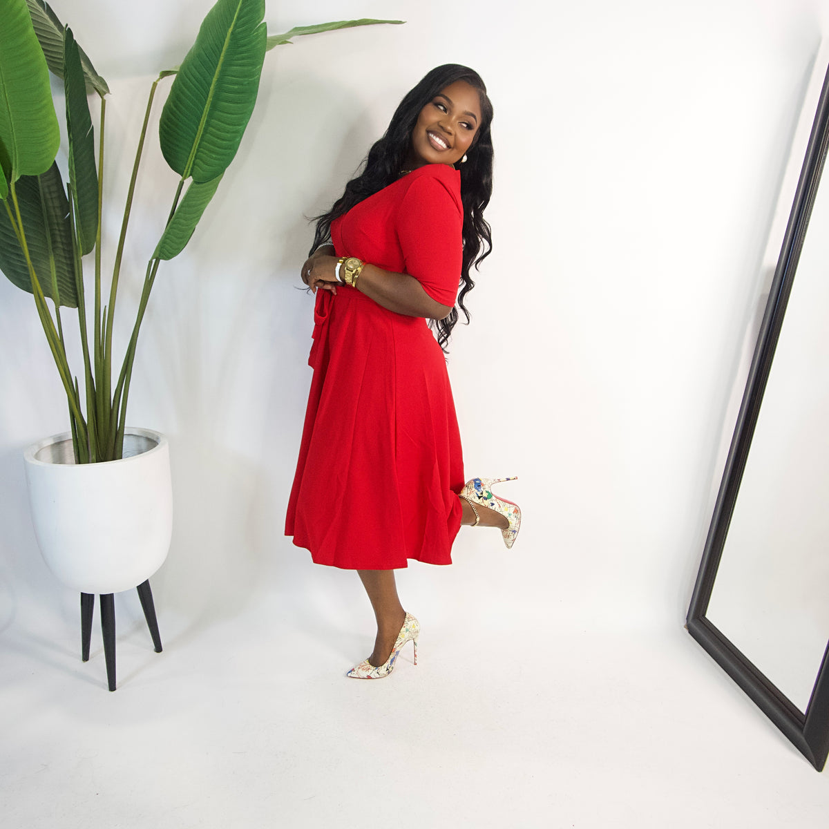 Fiona Flare Self Tie Midi Dress||RED