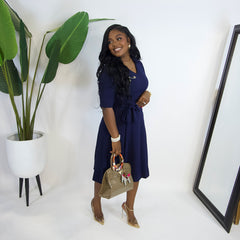 Michelle O Collared Self Tie Belted Dress