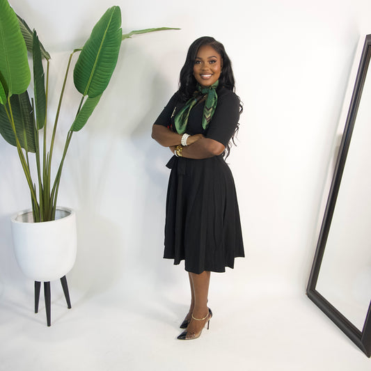 Fiona Flare Self Tie Midi Dress||BLACK