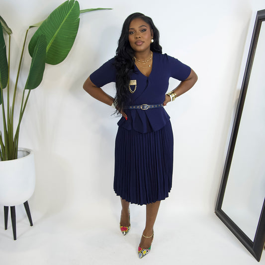 Pia Pleated Belted Dress||NAVY