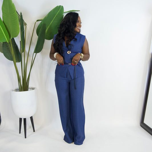 Milan Bloom Belted Vest Set ||NAVY