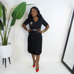 Pia Pleated Belted Dress||BLACK