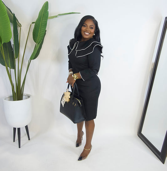 Miss Exvlusive Trim Collar Midi Dress||BLACK