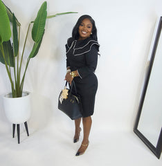 Miss Exvlusive Trim Collar Midi Dress||BLACK