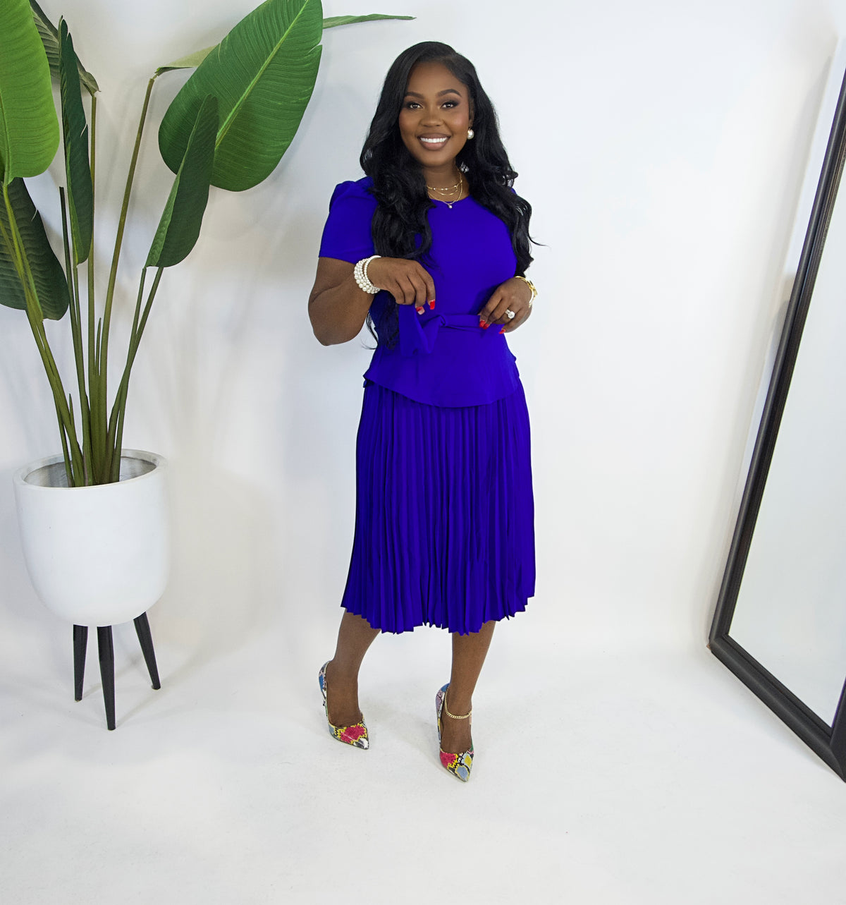 Meghan Grace Pleated Belted Midi Dress