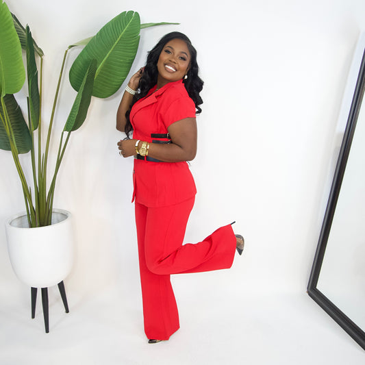 Zuri Buckle Belted Pants Set||RED