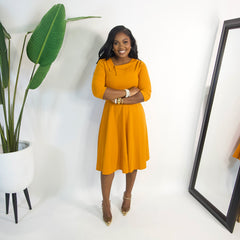 Amara Belted Midi Dress|| MUSTARD