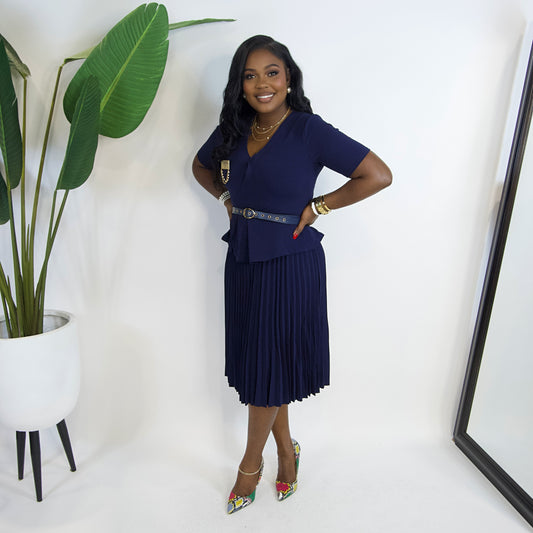 Pia Pleated Belted Dress||NAVY