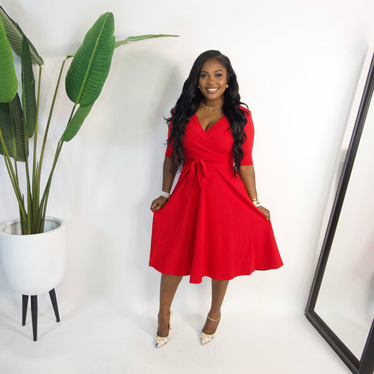 Fiona Flare Self Tie Midi Dress||RED