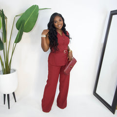 Chia Chic Belted Pants Set||WINE