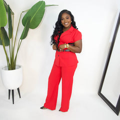 Zuri Buckle Belted Pants Set||RED