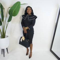 Miss Exvlusive Trim Collar Midi Dress||BLACK