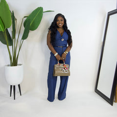 Milan Bloom Belted Vest Set ||NAVY