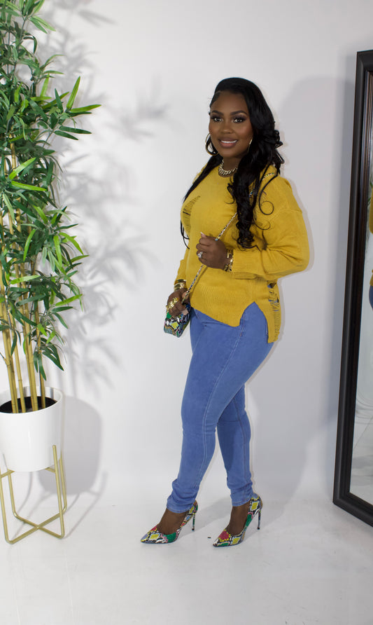 Edgy Distressed Sweater||Mustard
