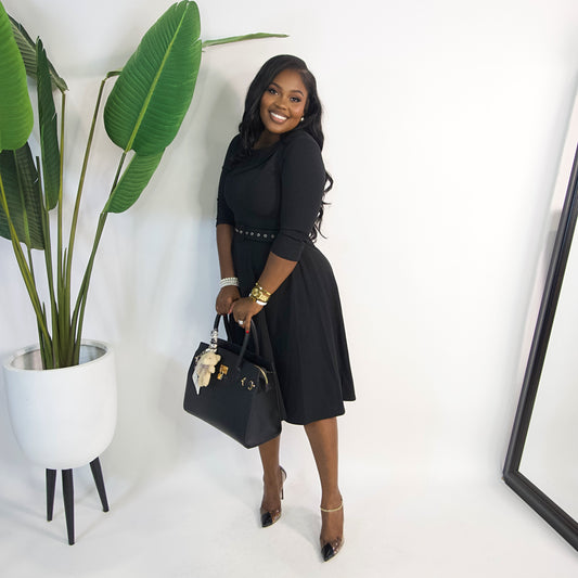 Amara Belted Midi Dress|| BLACK