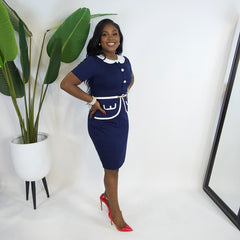 Betty Ann Belted Dress||Navy Blue
