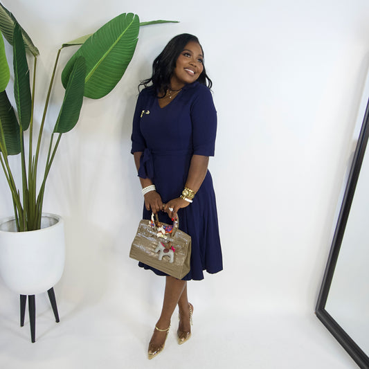 Michelle O Collared Self Tie Belted Dress