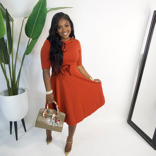 Adeline Collar Belted Dress||RUST