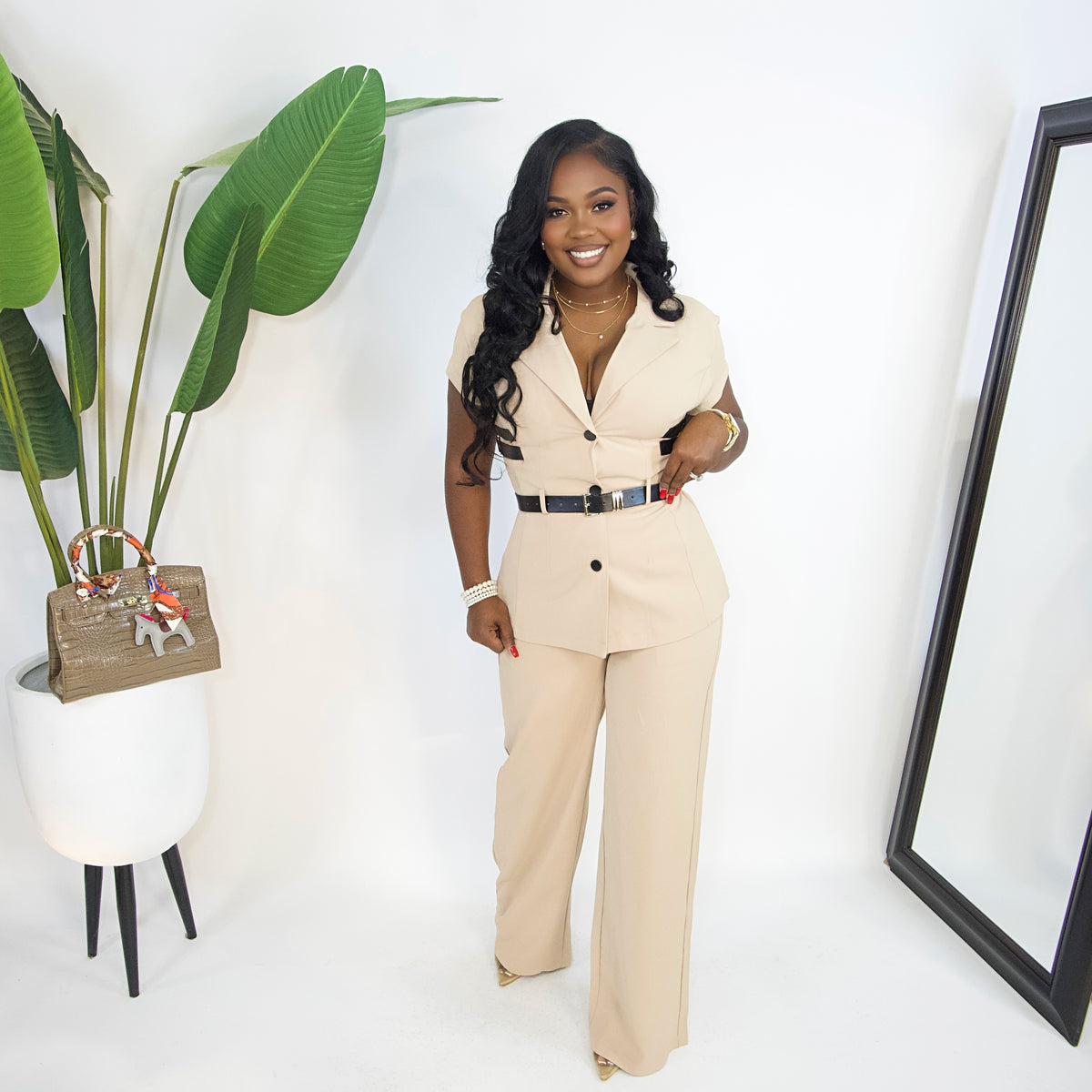 Zuri Buckle Belted Pants Set||163|| KHAKI