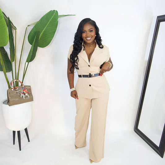 Zuri Buckle Belted Pants Set||163|| KHAKI