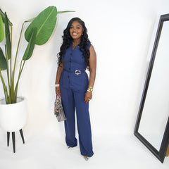 Chia Chic Belted Pants Set||NAVY BLUE