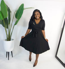 Fiona Flare Self Tie Midi Dress||BLACK