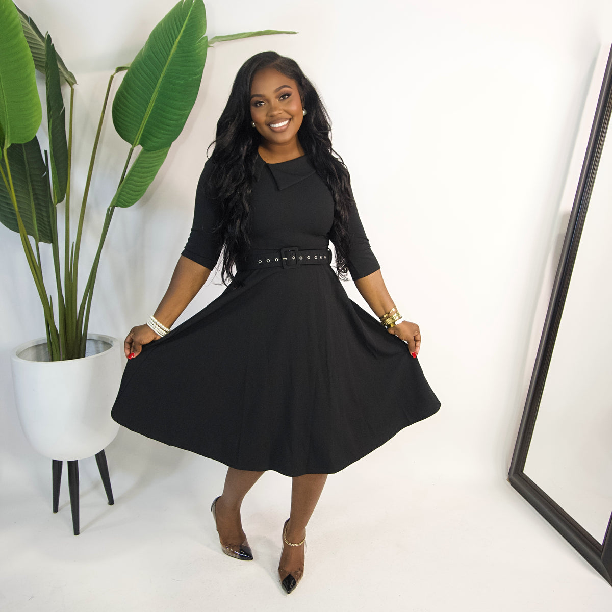 Amara Belted Midi Dress|| BLACK